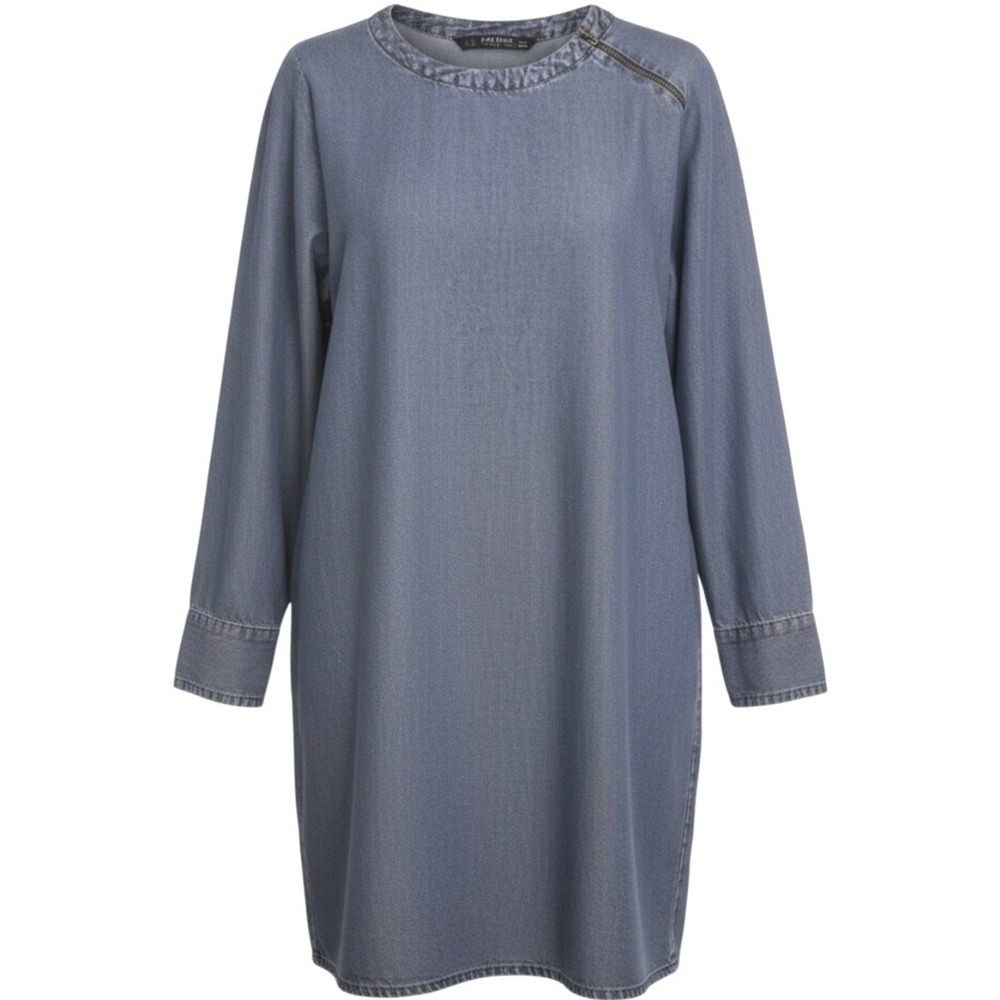 Zara Basic Long Sleeve Denim Shift Tunic Dress Shoulder Zip Blue Womens Size S